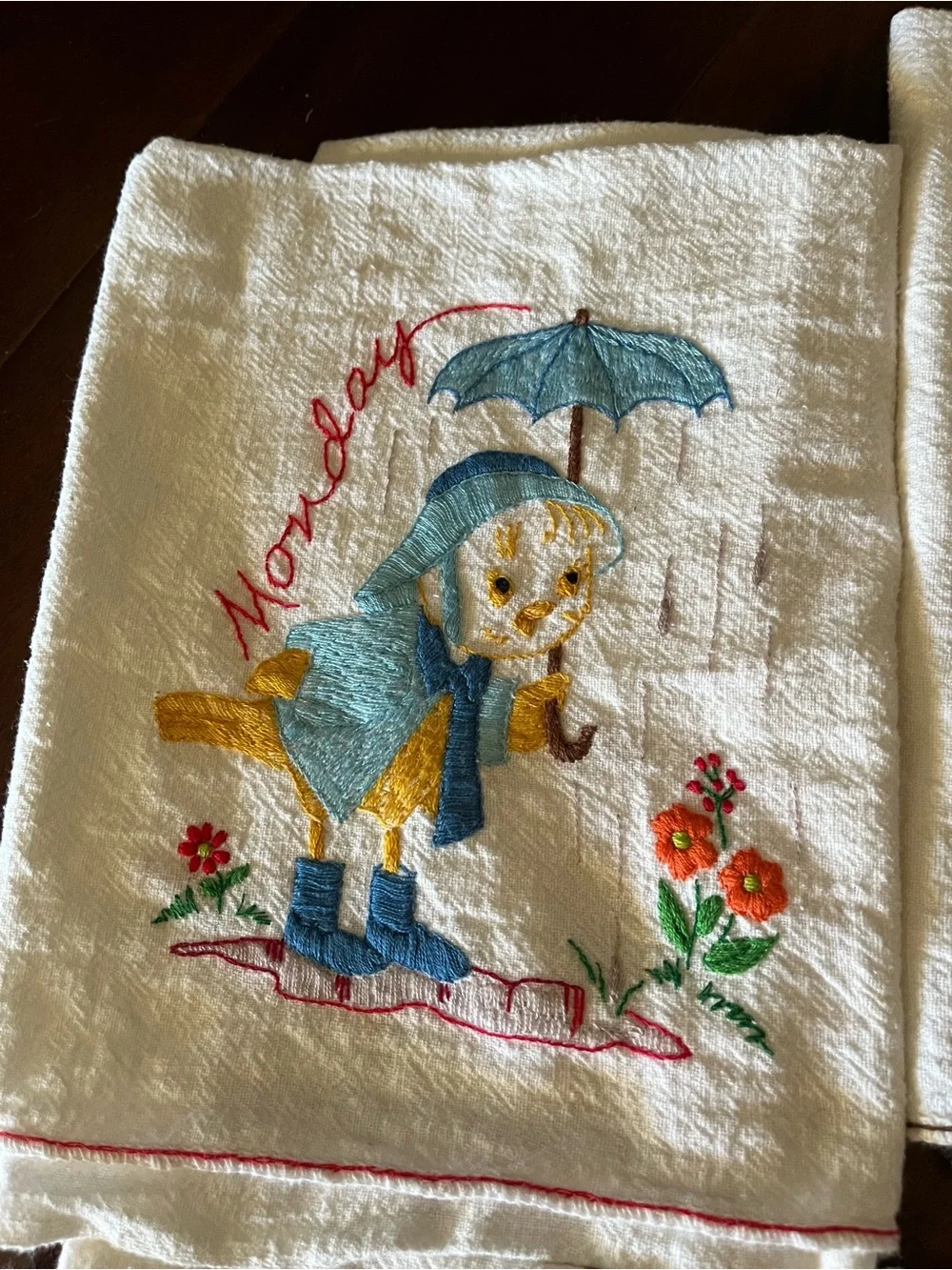 Bird Days of the Week Flour Sack Towels Embroidered Vintage